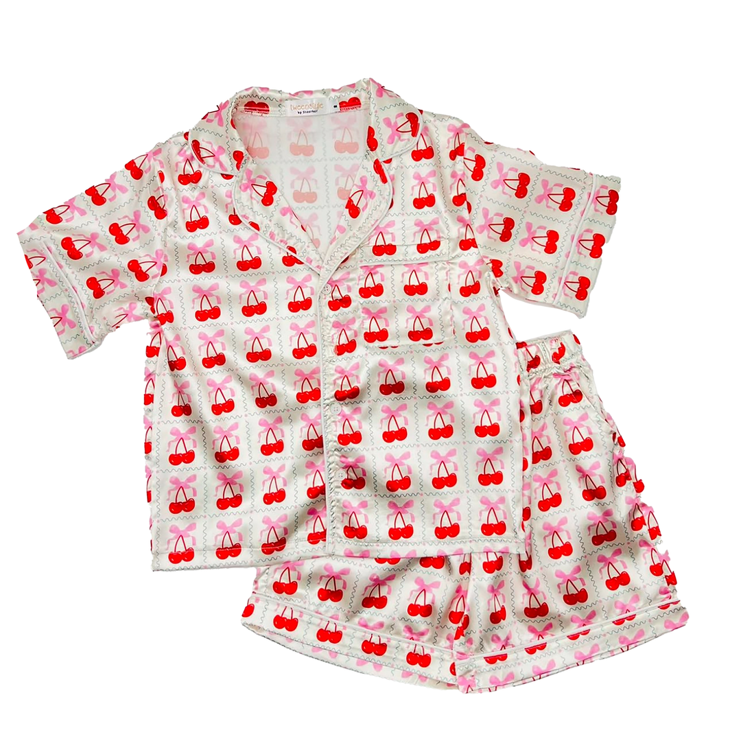 Cherry Stamp Satin Pajama Set