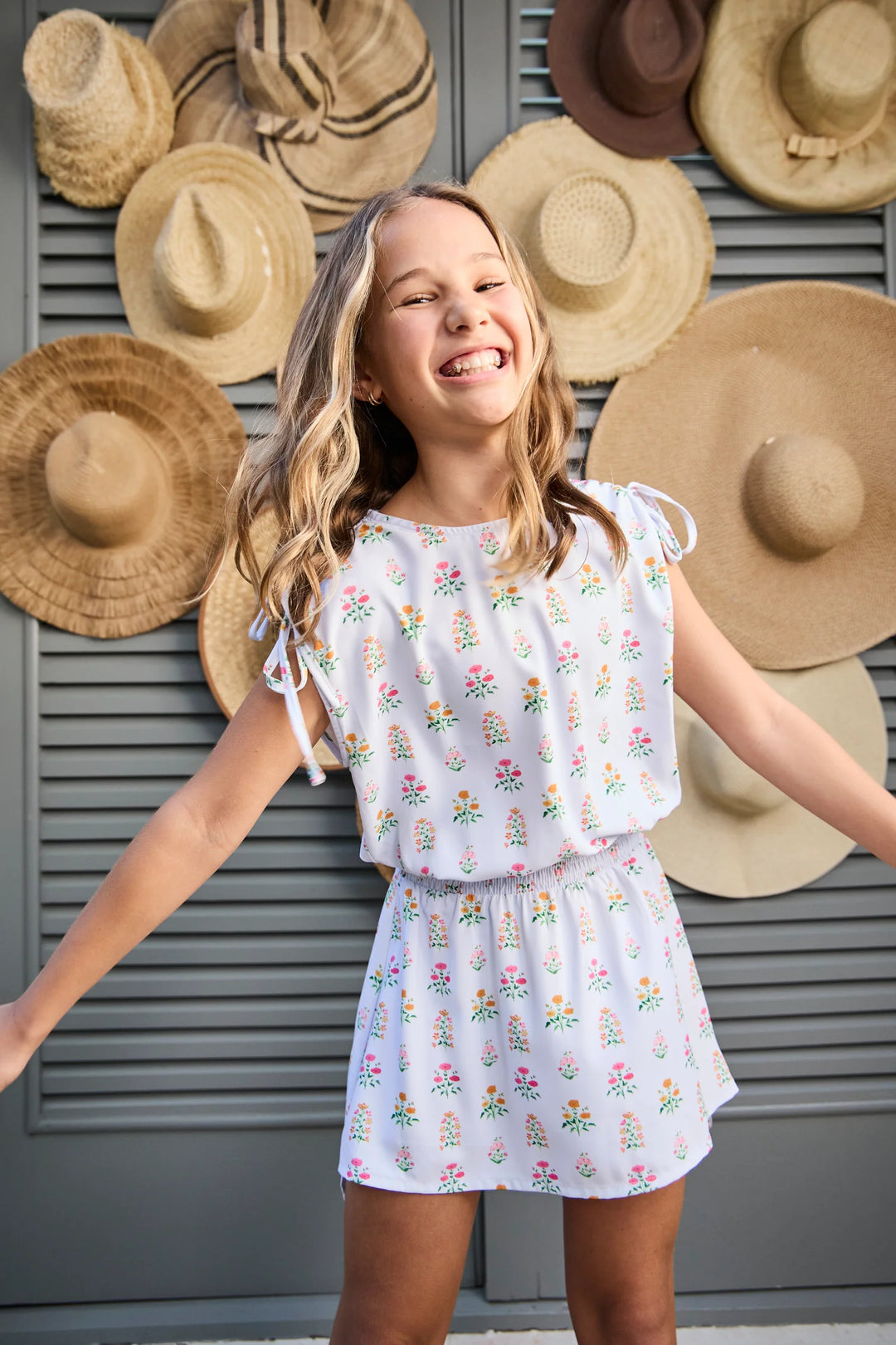 Pleat Helen Dress in Blue Floral Block Print