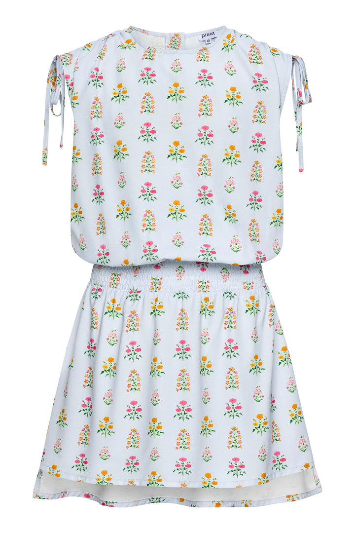 Pleat Helen Dress in Blue Floral Block Print