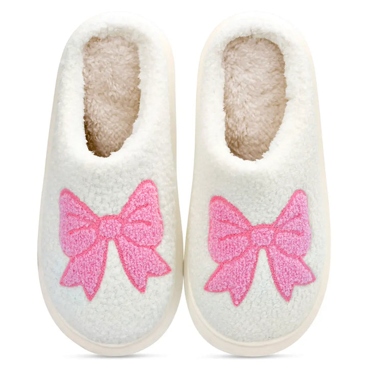 White and Pink Cozy Bow Slippers
