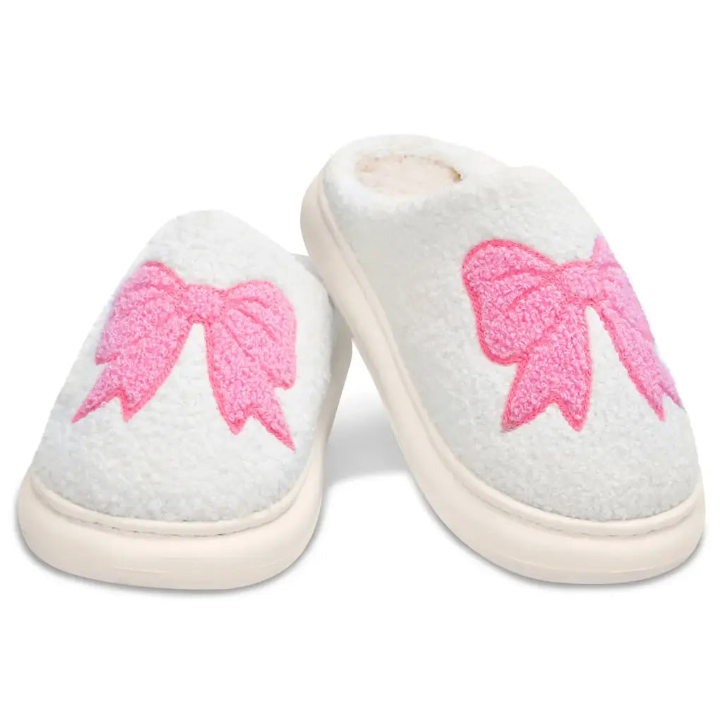 White and Pink Cozy Bow Slippers