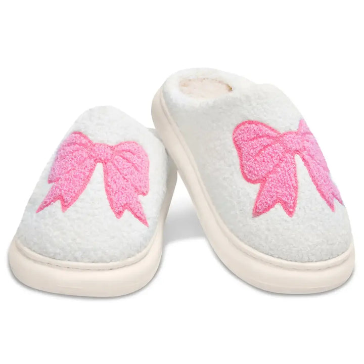 White and Pink Cozy Bow Slippers