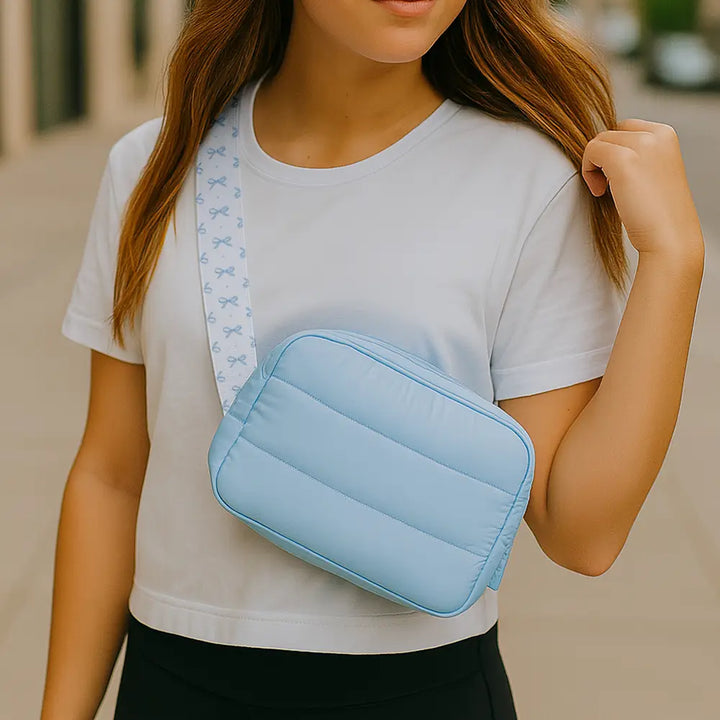 Top Trenz Blue Puffer Belt Bag with Bow Strap