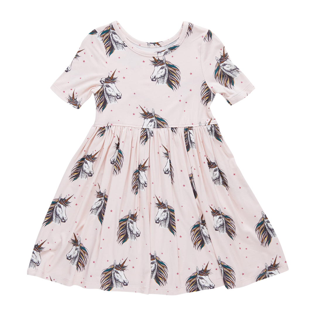 Pink Chicken Bamboo Steph Dress in Pink Unicorns (sizes 2-6)