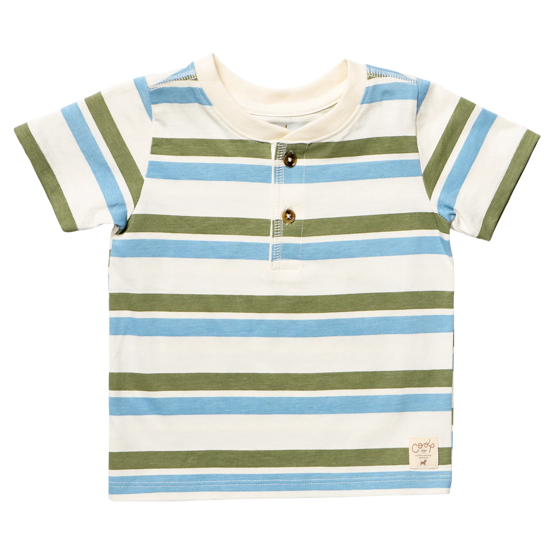 Pink Chicken Scout Henley in Blue & Green Stripe