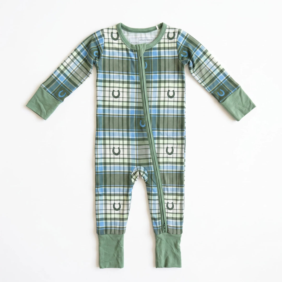 Zipper Romper- Blue Horseshoe Plaid