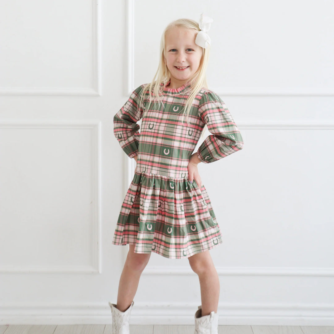 Hannah Dress- Pink Horseshoe Plaid