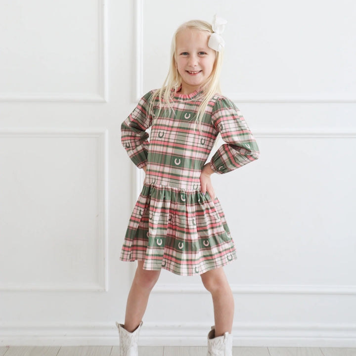Hannah Dress- Pink Horseshoe Plaid