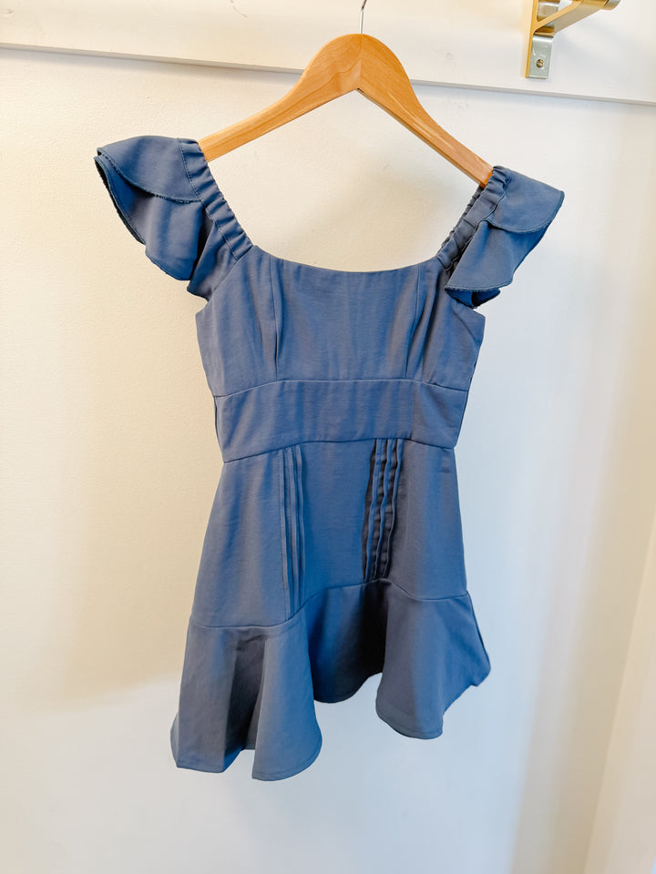 IF SO Blue Pleated Ruffle Strap Dress