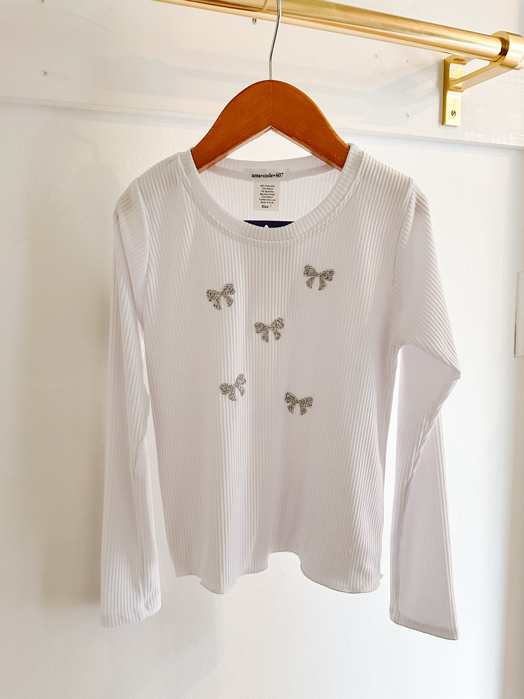 Area Code White Long Sleeve Ribbed Tee with Bow