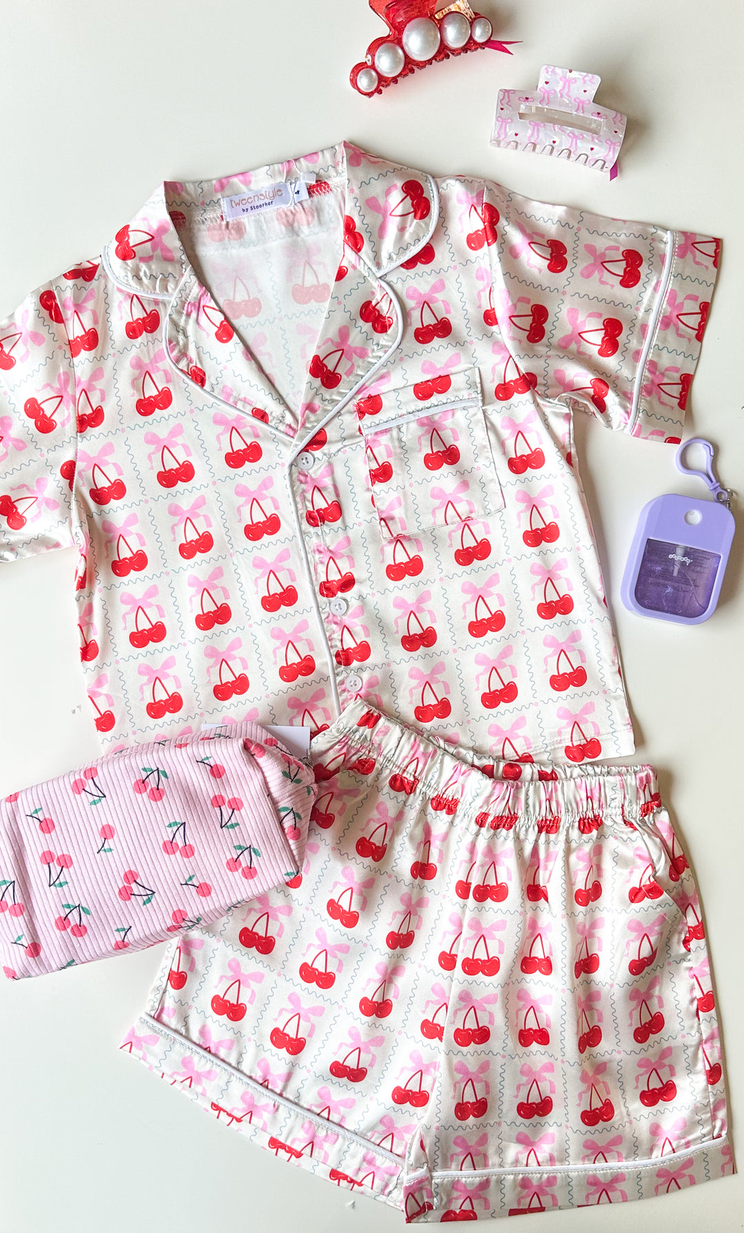 Cherry Stamp Satin Pajama Set