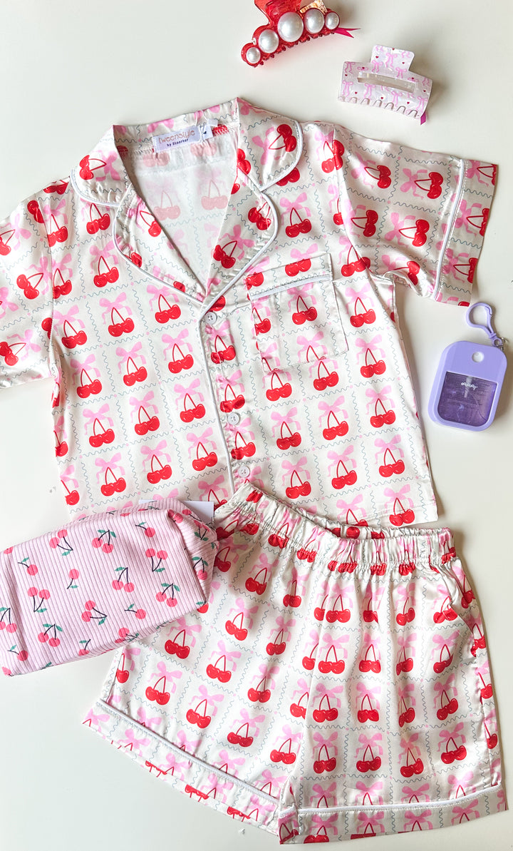 Cherry Stamp Satin Pajama Set