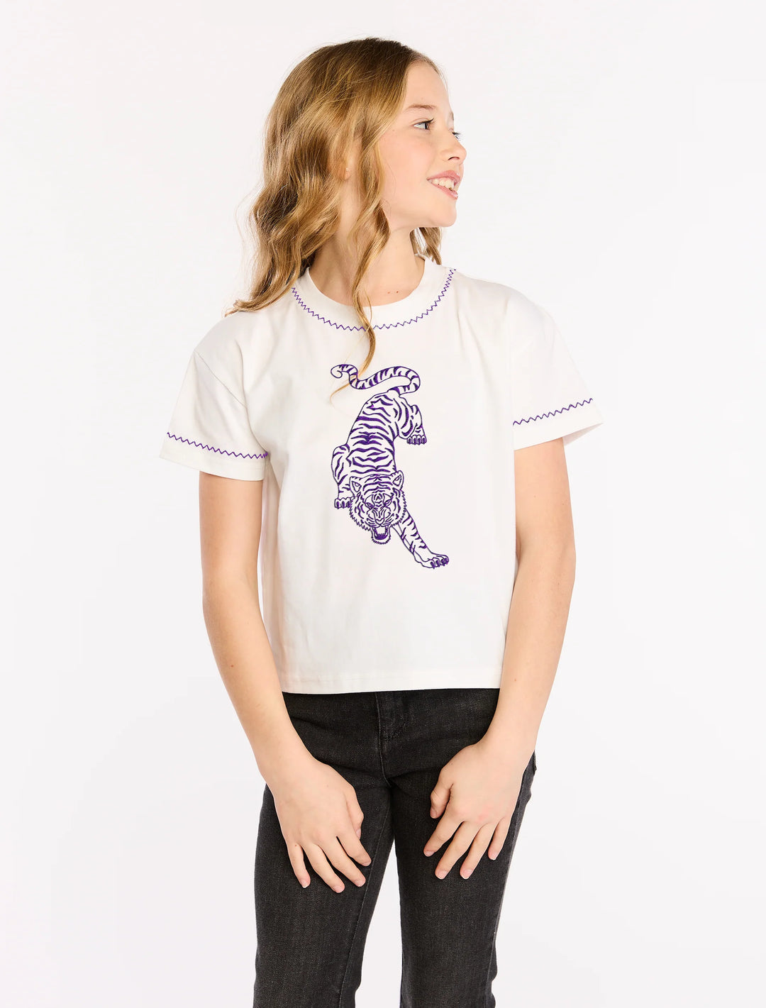 Purple Embroidered Tiger Boxy Tee