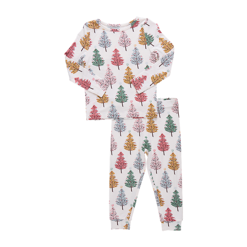 Pink Chicken Bamboo Pajama Set in Multi Christmas Trees (size 2-6)