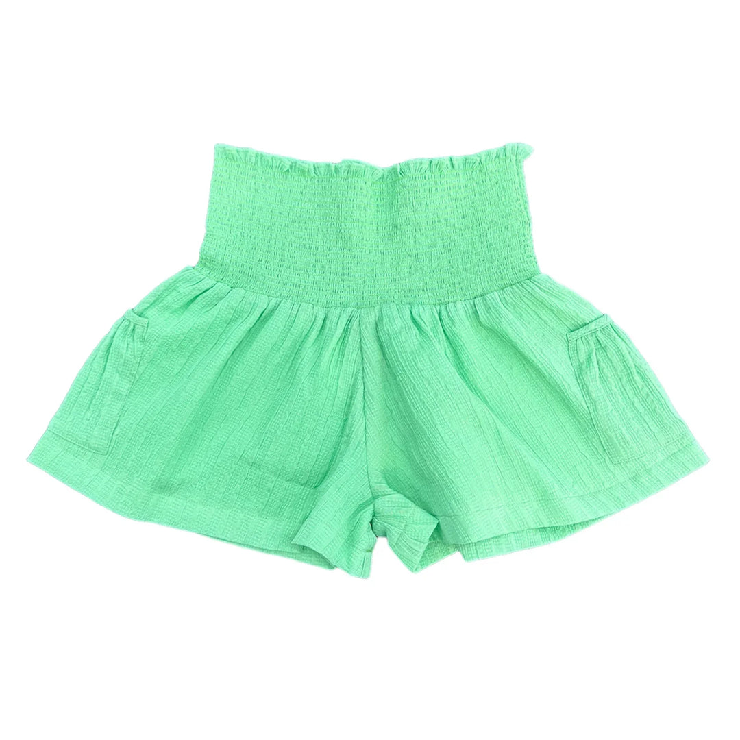 Little Olin Green Smocked Waisted Shorts