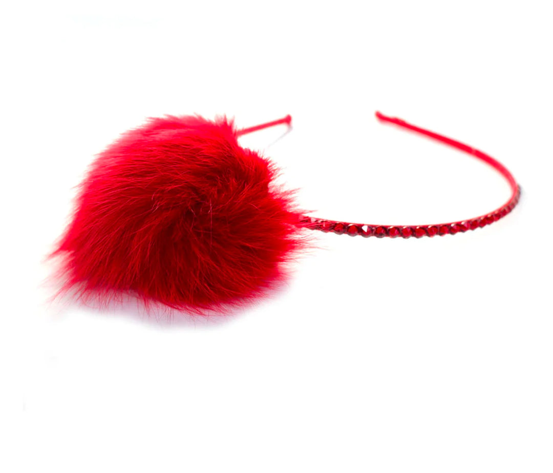 Bari Lynn Red Fur Pom Pom Headband with Crystal