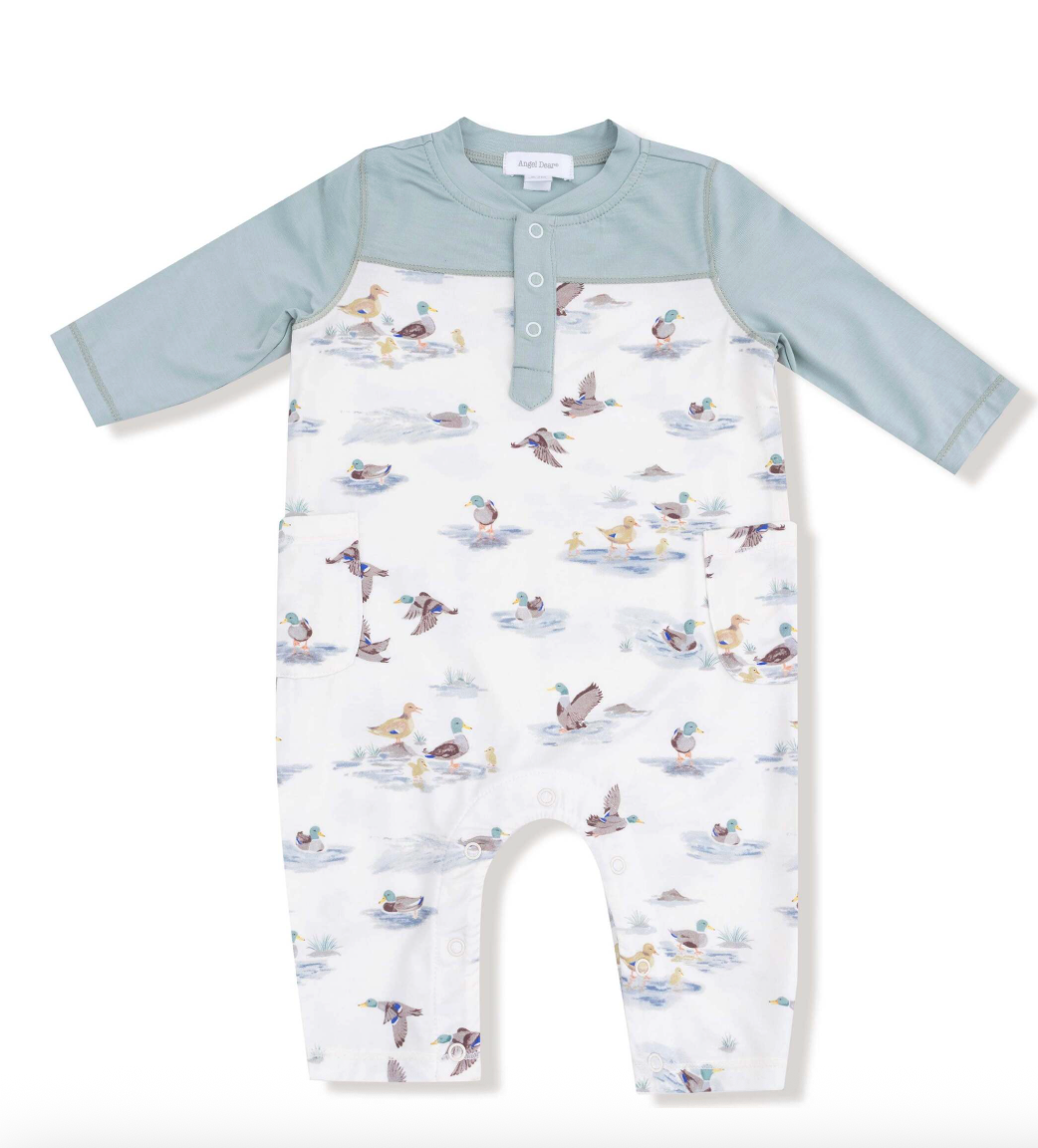 Angel Dear Mallards Romper with Contrast Sleeve