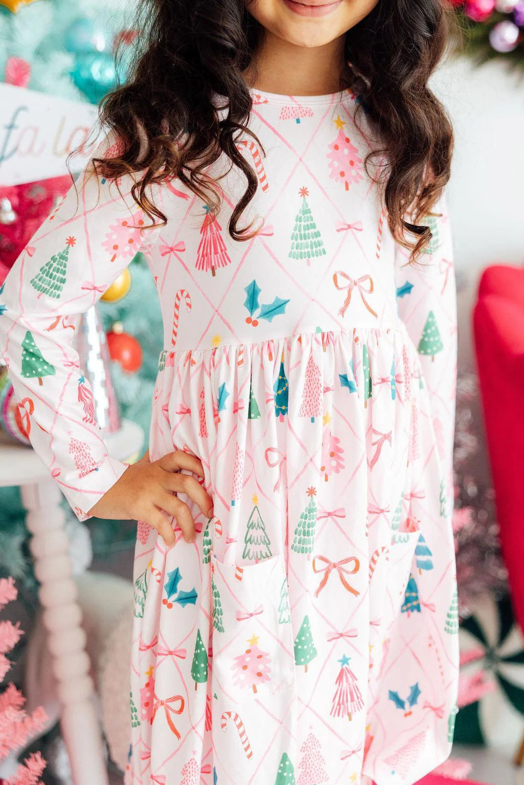 Mila & Rose Long Sleeve Pocket Twirl Dress in Very Merry