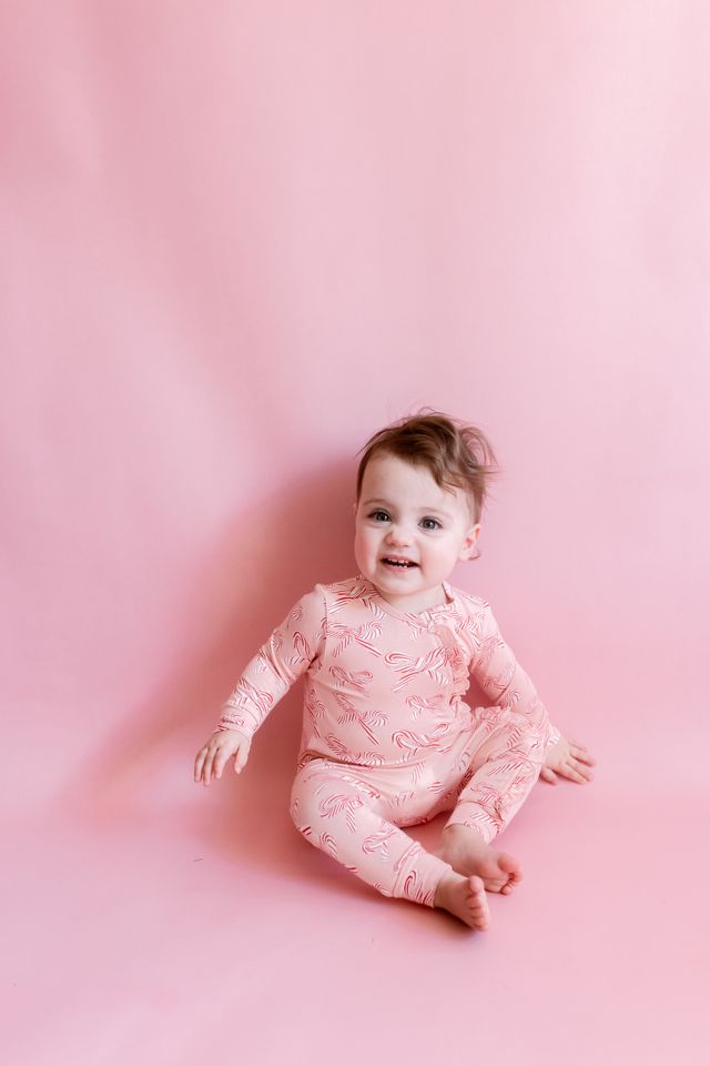 Pink Chicken Ruffle Bamboo Romper in Candy Cane Bows