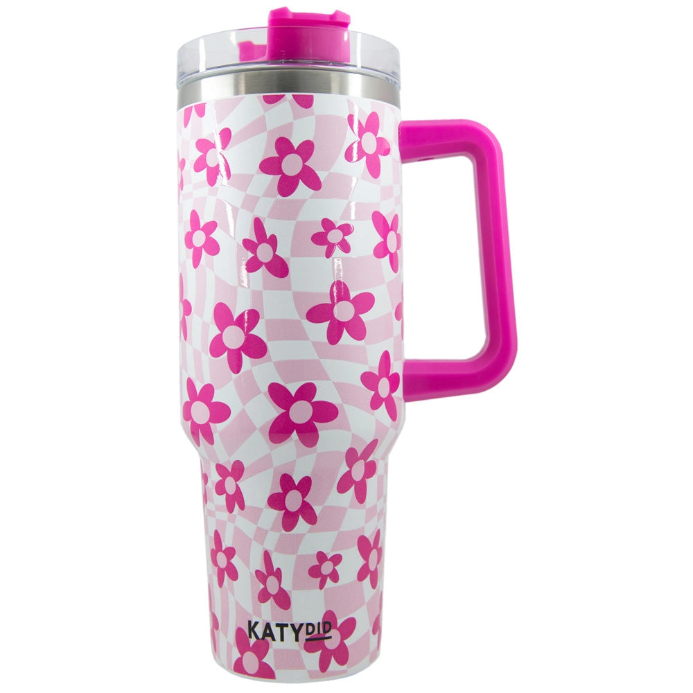 Katy Did Pink Flower Check Tumbler Cup