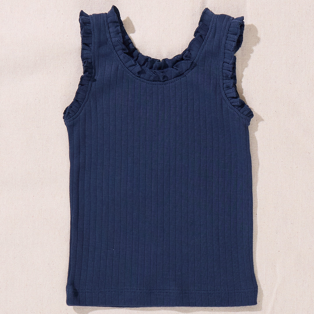 Pink Chicken Joy Ruffle Rib Tank in Navy