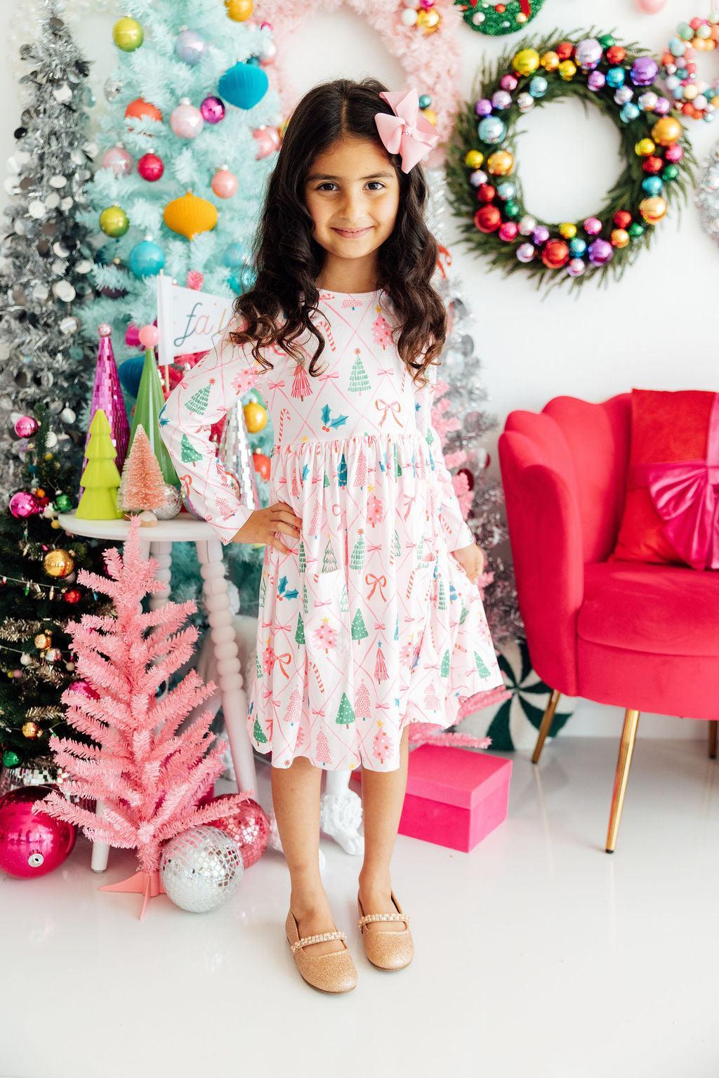 Mila & Rose Long Sleeve Pocket Twirl Dress in Very Merry