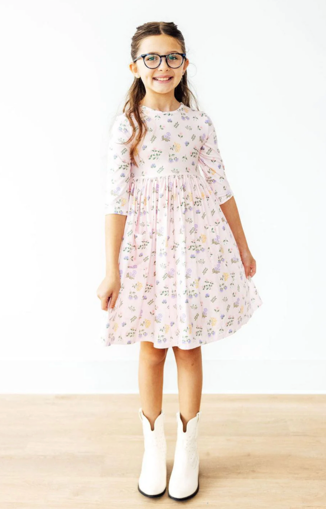 Pastel Petals 3/4 Sleeve Twirl Dress