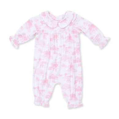 Golf Toile Pink - Smocked Long Sleeve Romper