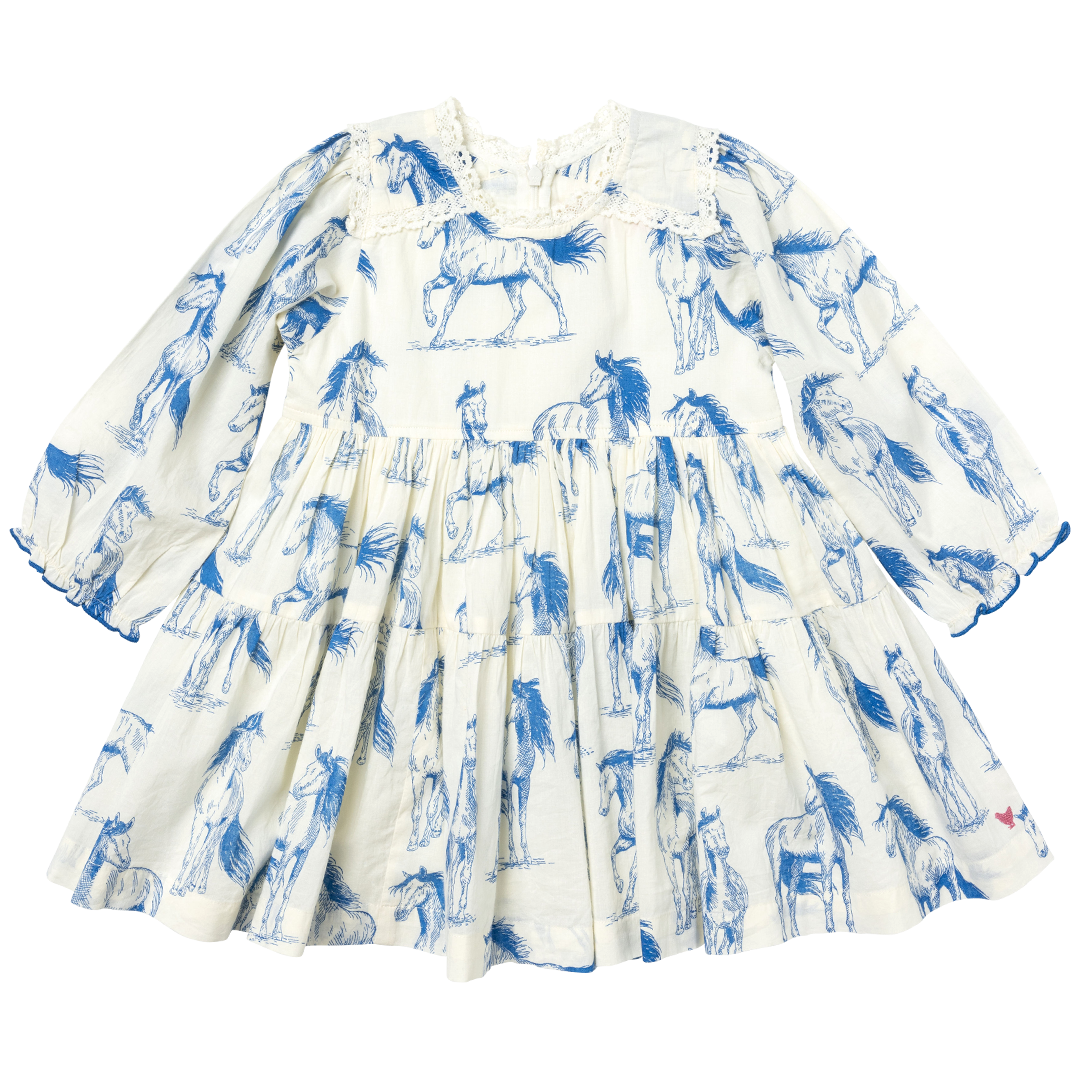 Pink Chicken Charlie Dress in Blue Horses (sizes 2-6)