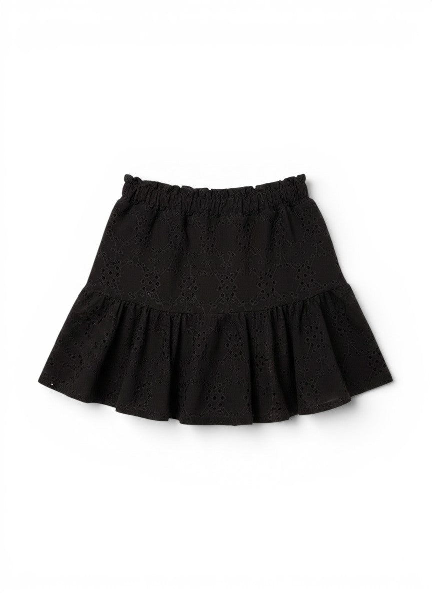Vann & Liv black eyelet ruffle skirt with elastic waistband and tiered hem, size 7-12.