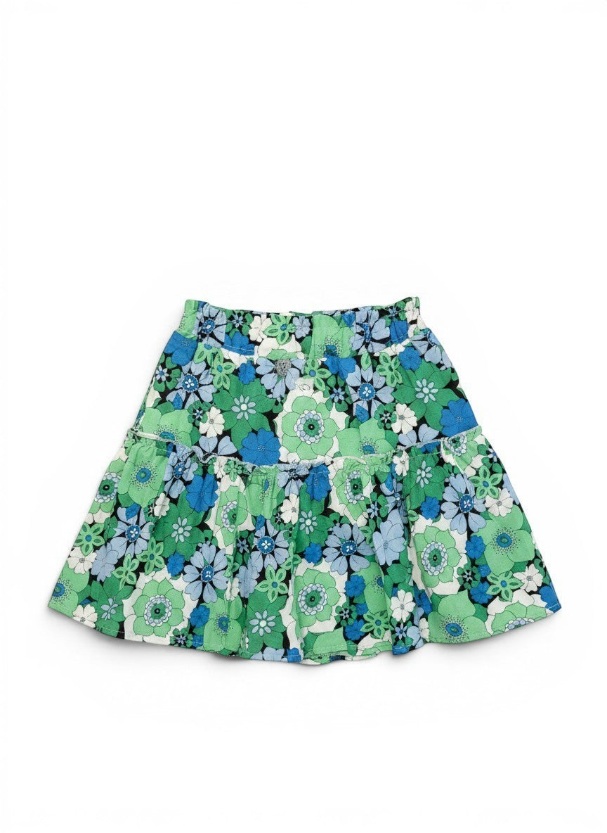 Vann & Liv blue and green floral print tiered skirt with elastic waistband, size 5-6.