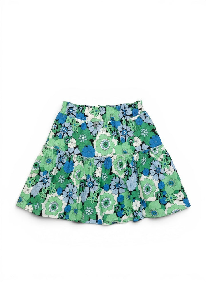 Vann &amp; Liv blue and green floral print tiered skirt with elastic waistband, size 5-6.