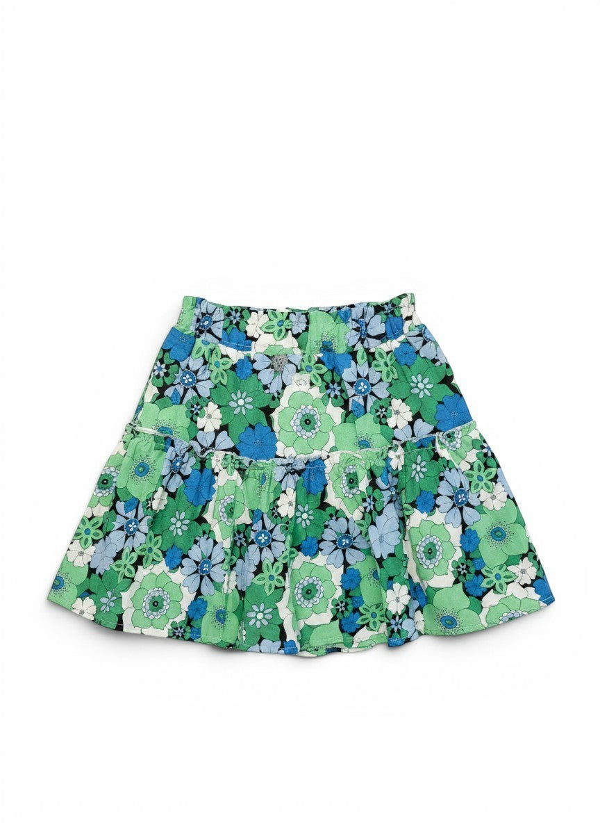Vann & Liv blue and green floral print tiered skirt with elastic waistband, size 5-6.