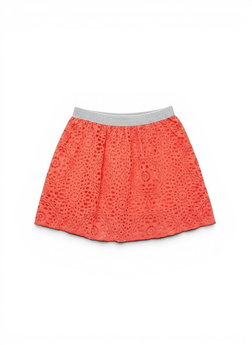 Vann & Liv Area Code 407 coral crochet skirt with a silver elastic waistband. Intricate eyelet pattern.