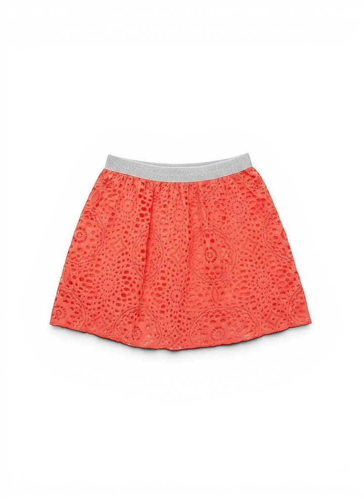 Vann &amp; Liv Area Code 407 coral crochet skirt with a silver elastic waistband. Intricate eyelet pattern.