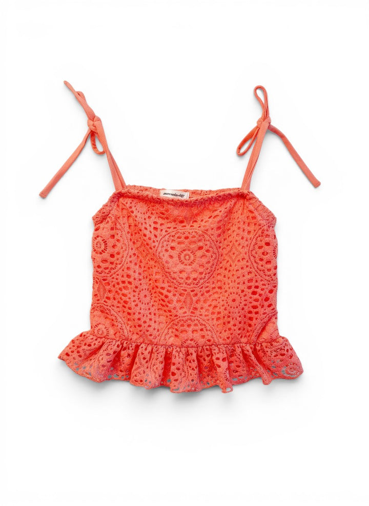 Vann &amp; Liv Area Code 407 coral crochet spaghetti strap top with tie shoulders and ruffled hem.