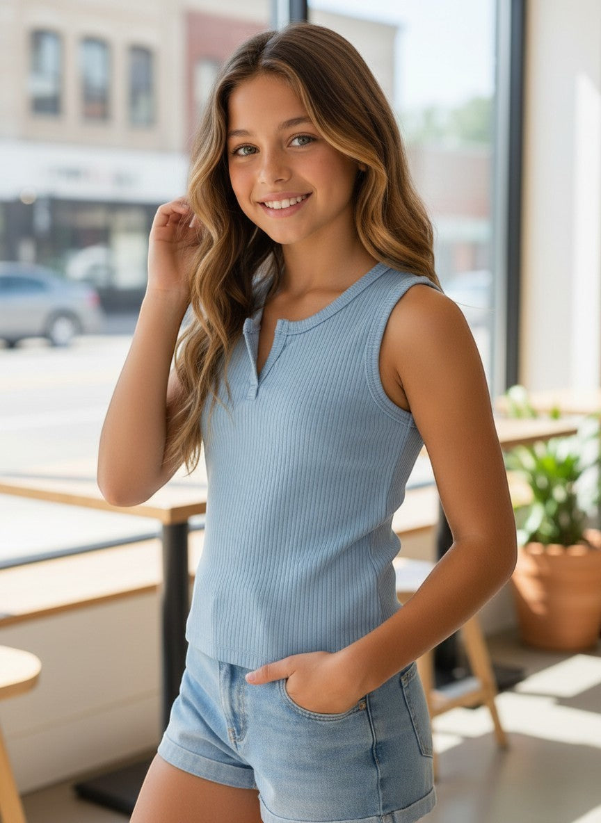 Vann & Liv dusty blue ribbed tank top with Henley neckline and button detail, size 5-6.