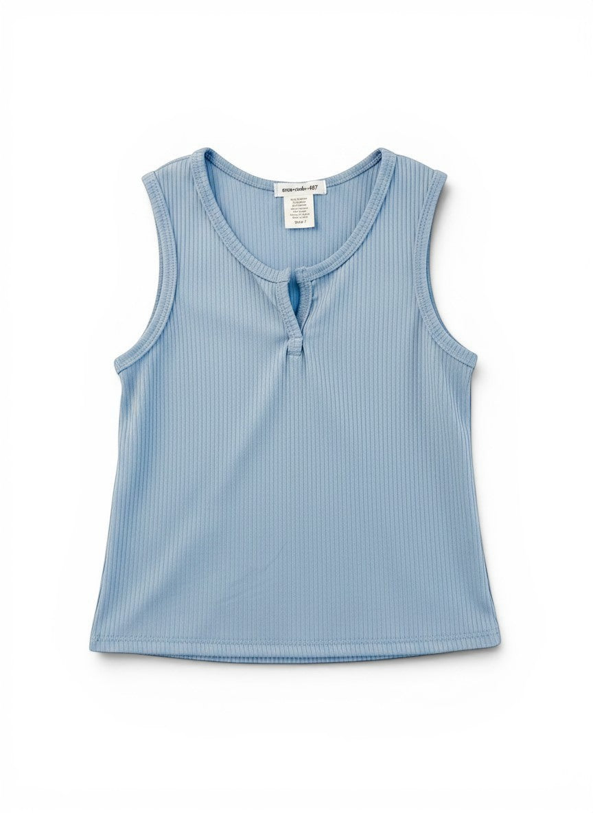 Vann &amp; Liv dusty blue ribbed tank top with a Henley neckline and short sleeves, size 5-6.