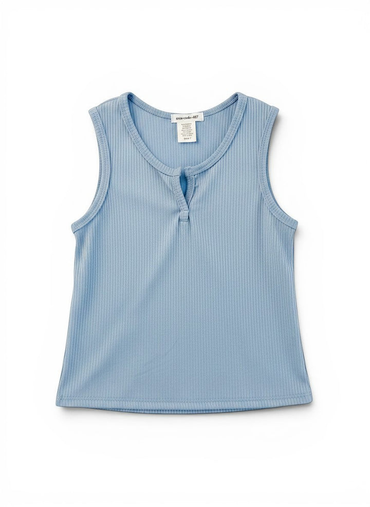 Vann &amp; Liv dusty blue ribbed tank top with a Henley neckline and short sleeves, size 5-6.