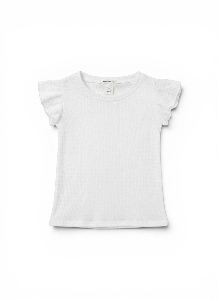 Vann & Liv ivory rouched sleeve top with a textured knit fabric and crew neck. Size 4-6.
