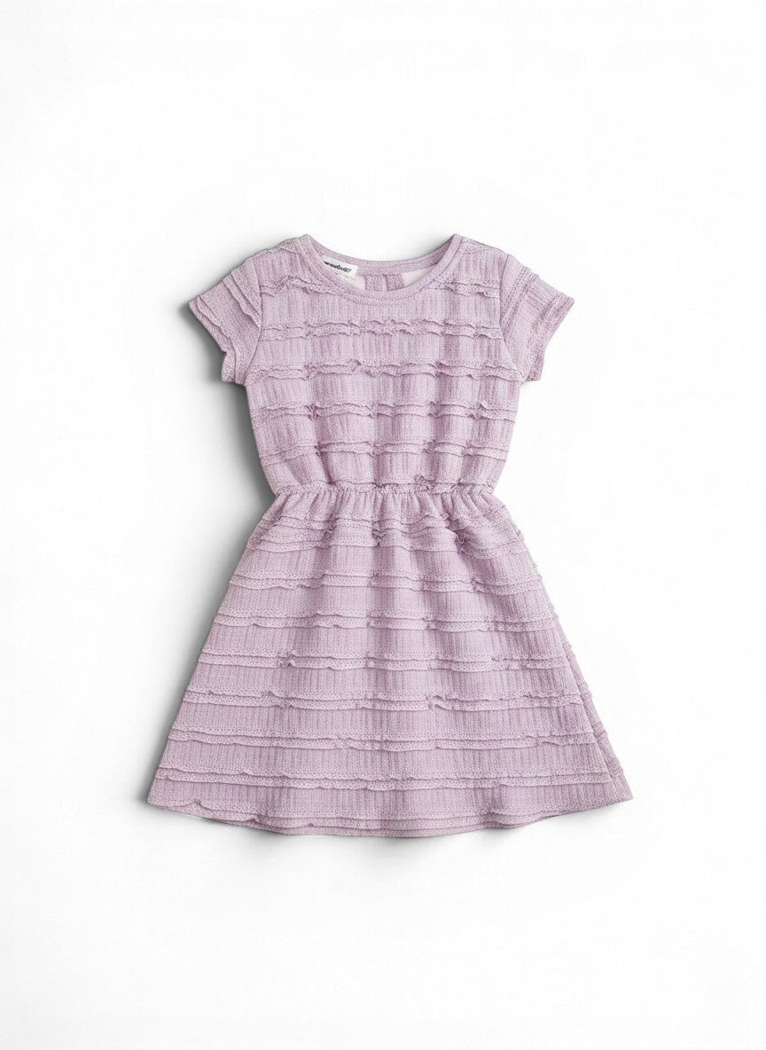 Vann & Liv lilac purple Carly Lace Dress with short sleeves and tiered ruffles. Elasticated waist for a comfortable fit.