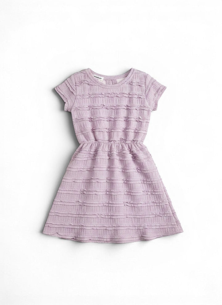 Vann &amp; Liv lilac purple Carly Lace Dress with short sleeves and tiered ruffles. Elasticated waist for a comfortable fit.
