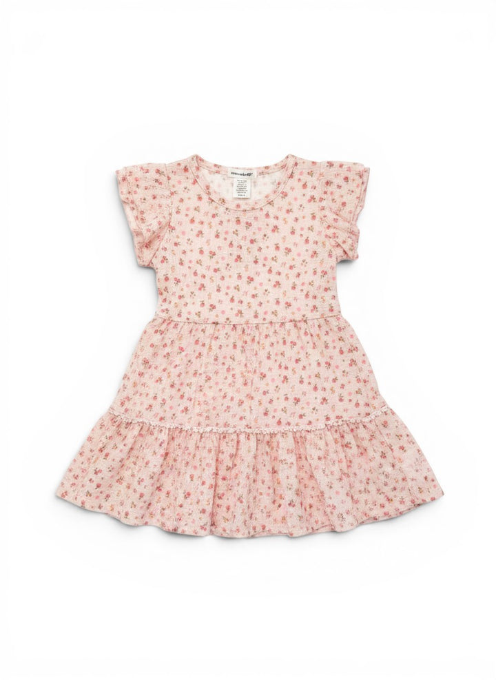 Vann &amp; Liv pink tiered pointelle dress with a floral print and flutter sleeves, perfect for girls.