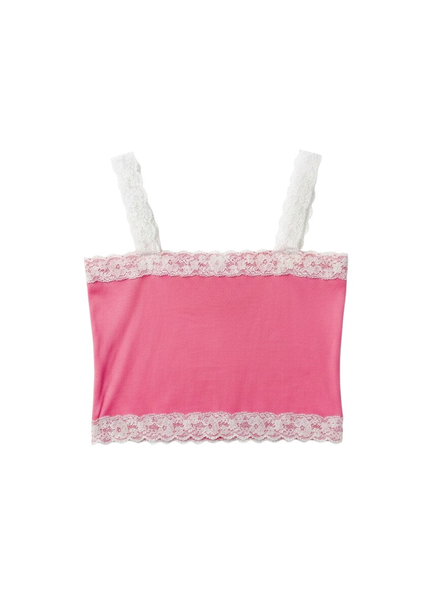 Vann & Liv pink tank top with white lace straps and hem, square neckline, cropped length.