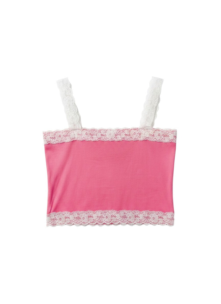 Vann &amp; Liv pink tank top with white lace straps and hem, square neckline, cropped length.