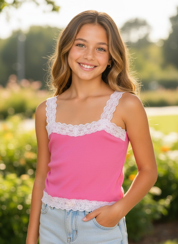 Vann &amp; Liv pink tank top with white lace straps and hem, square neckline, cropped length.