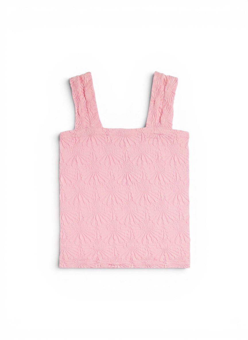 Vann & Liv pink smocking lace tank top with a textured floral pattern and wide straps.