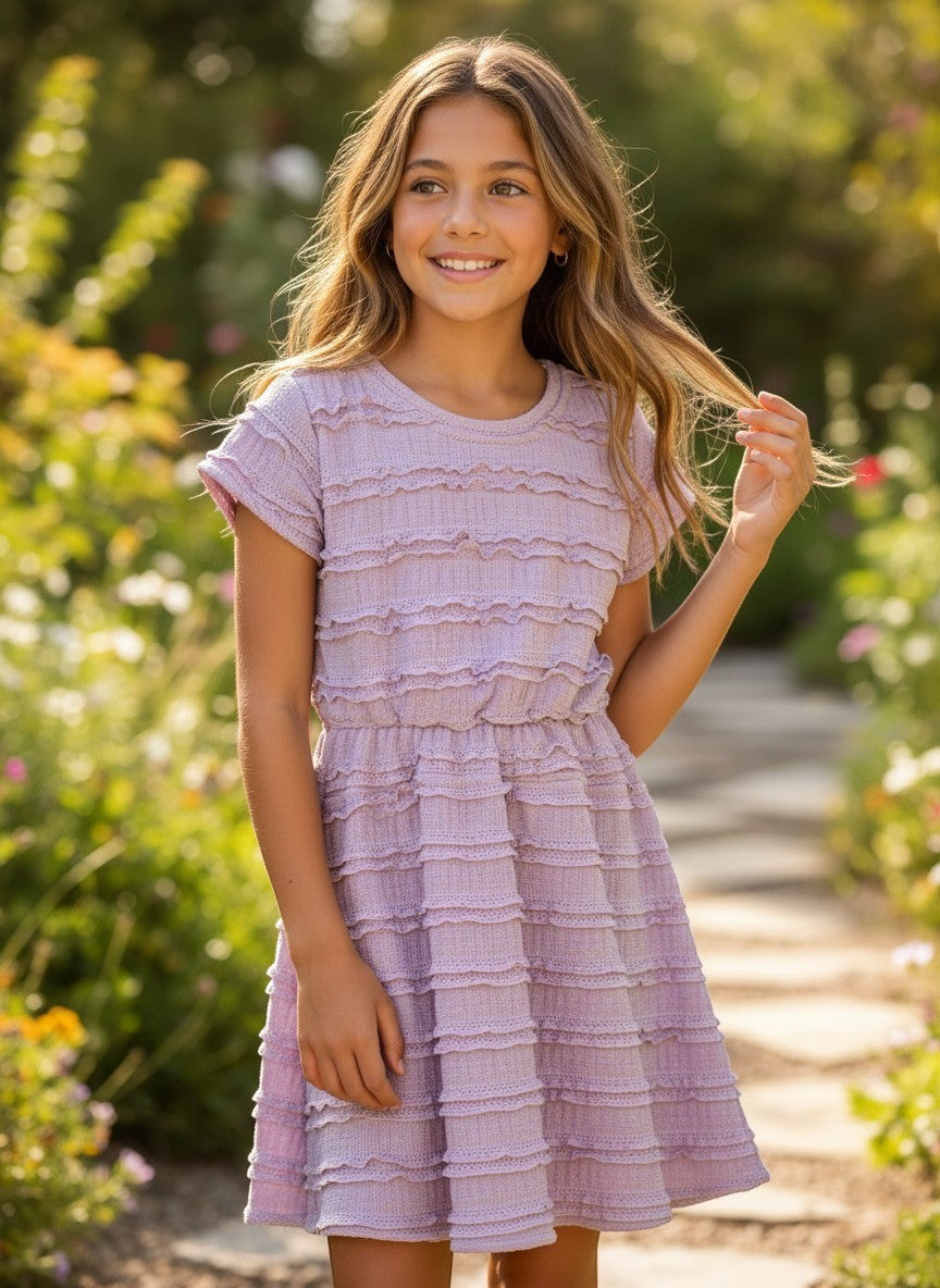 Vann &amp; Liv Area Code 407 Carly Lace Dress in light purple with short sleeves and tiered ruffles.