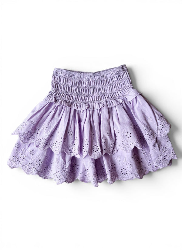 Vann & Liv lilac purple eyelet tiered mini skirt with smocked waist and ruffled hem.