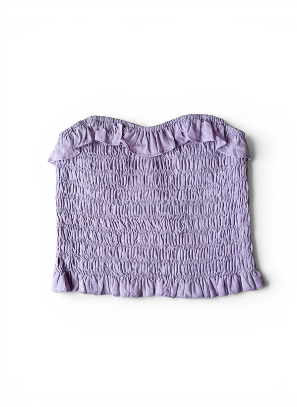 Vann & Liv light purple smocked tube top with ruffle trim at the neckline and hem.